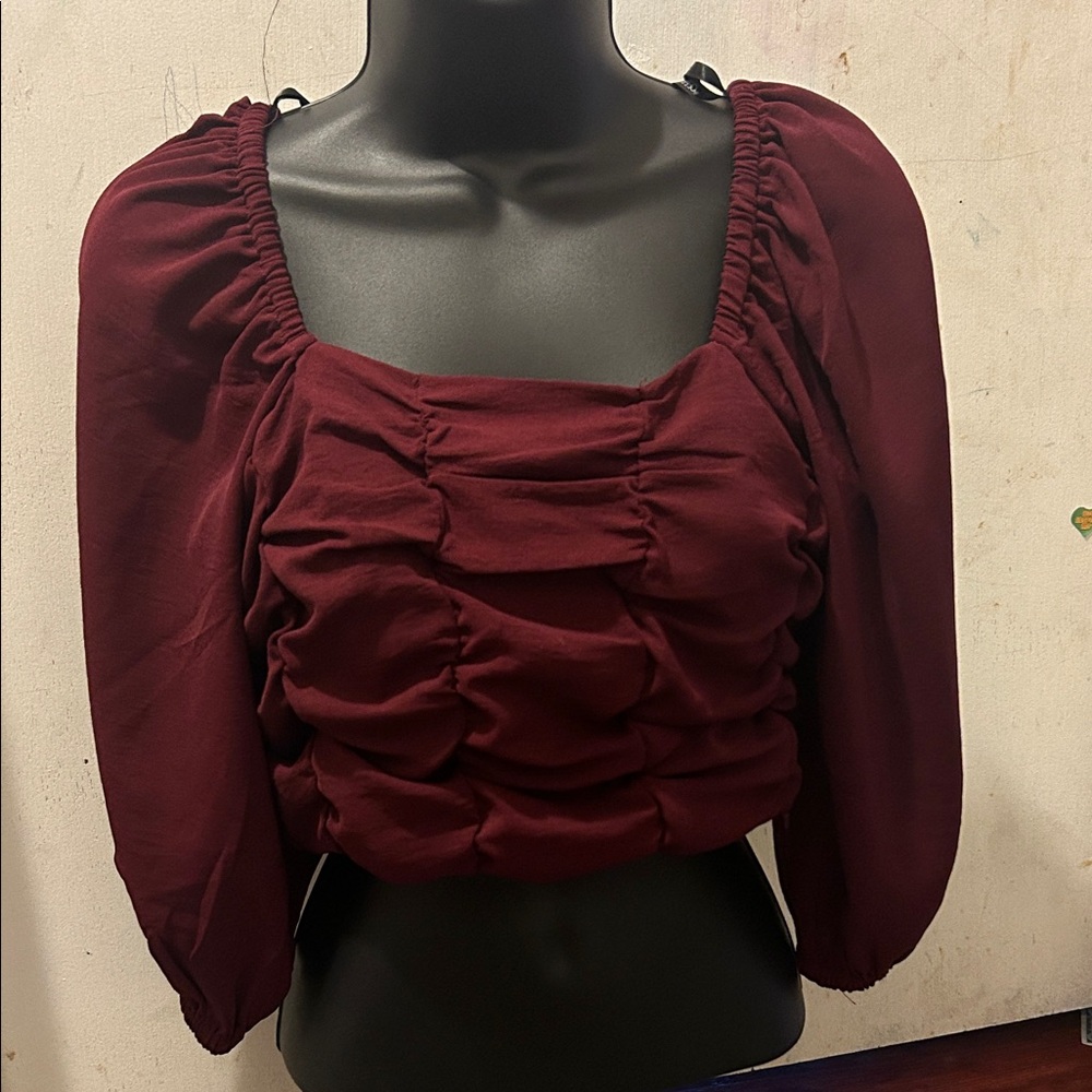 Women's Ruched Square Neck Crop Top - Burgundy